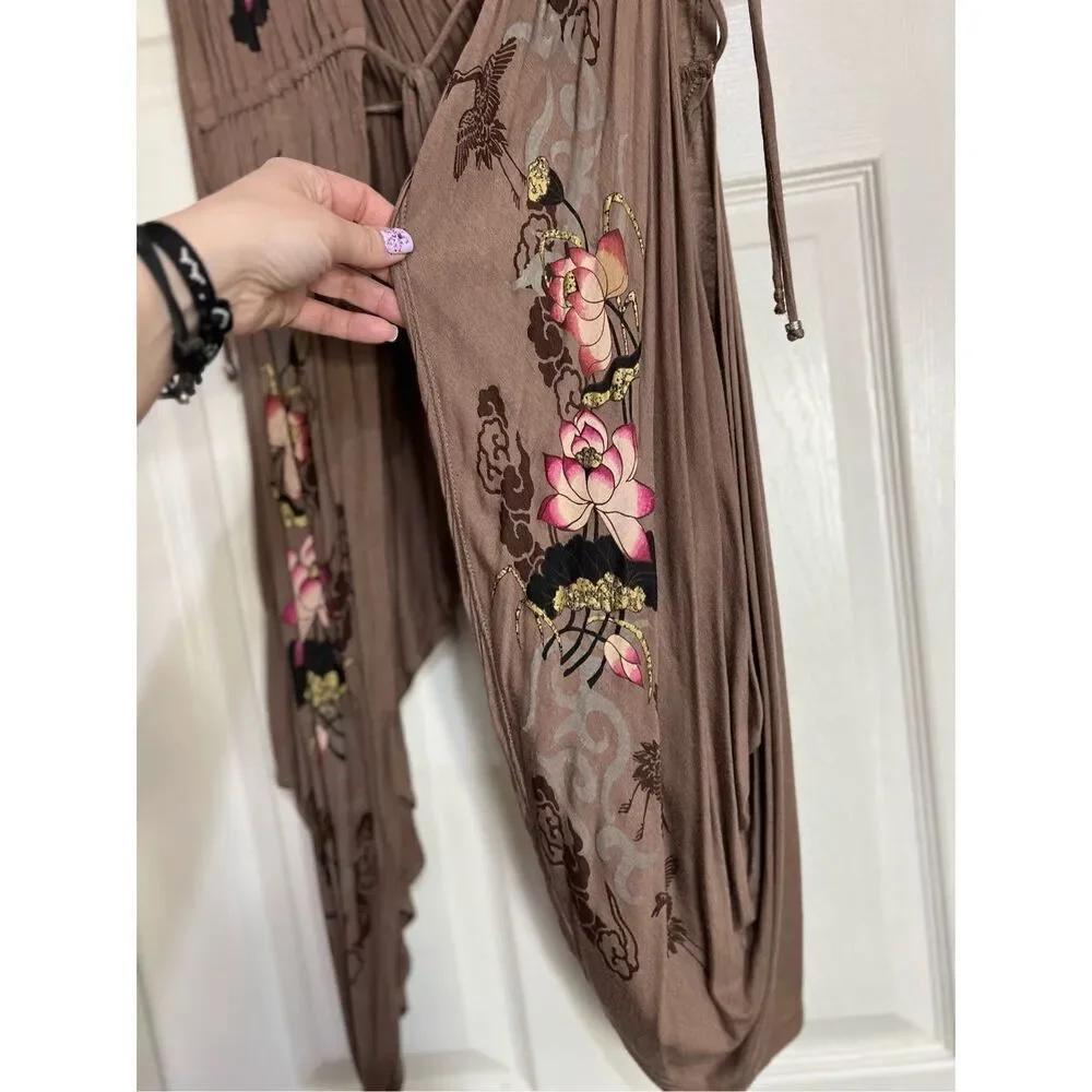 Guess Cover Up Womens Size Small Brown‎ Pink Floral Tie Waist Asymmetrical Hem